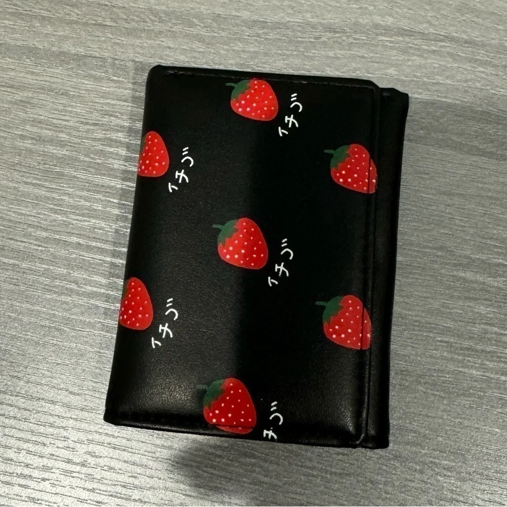 Black Strawberry Print Tri-Fold Wallet